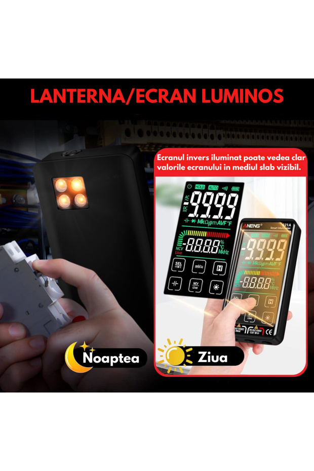 Digital Multimeter, LCD Screen, Automatic Warning and Detection, DC/AC Current Measurement, Black - 2