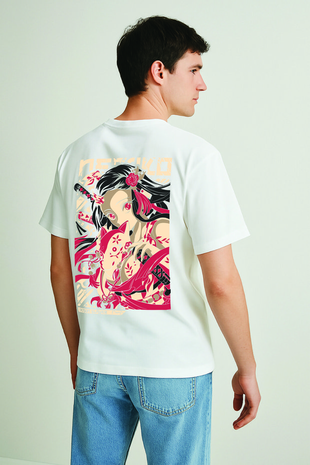Lenithra Demon Slayer Nezuko Kamado Anime Back Printed Unisex Oversize White T-Shirt