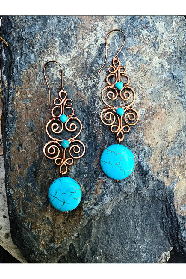 Turquoise Stone Handmade Copper Wire Wrap Earrings - 1