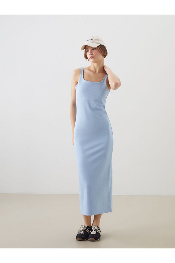 Mavi U Yaka Bodycon Elbise - 1