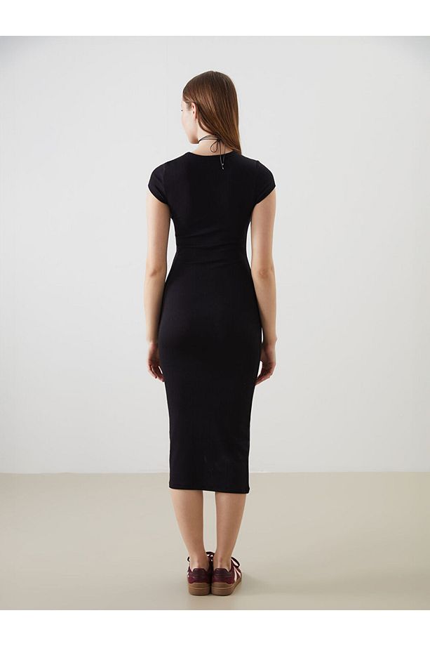 XSIDE Siyah Bisiklet Yaka Bodycon Elbise - 4