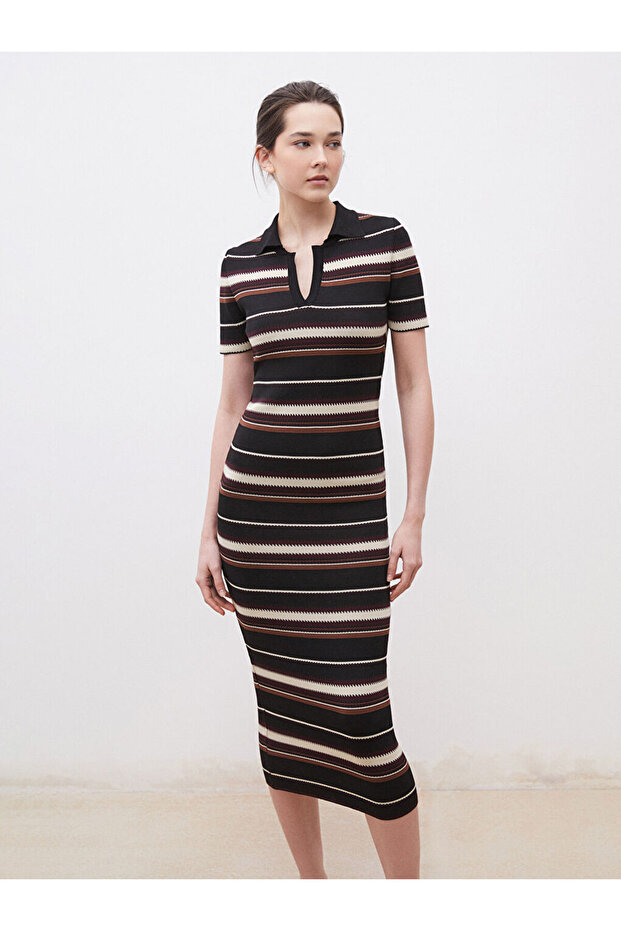 Black Polo Neck Patterned Knitwear Dress