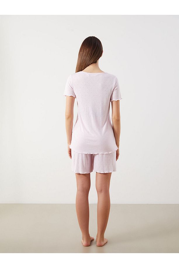 Bisiklet Yaka Kalp Desenli Hamile Şortlu Pijama Takımı - 4