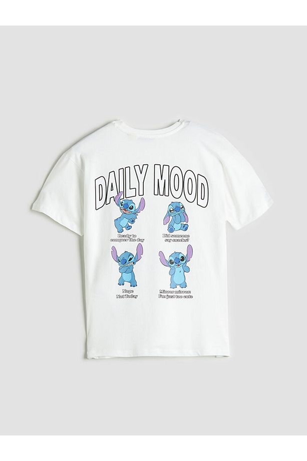 XSIDE Ekru Bisiklet Yaka Lilo & Stitch Baskılı Kadın Tişört - 7