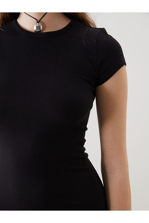 XSIDE Siyah Bisiklet Yaka Bodycon Elbise - 3