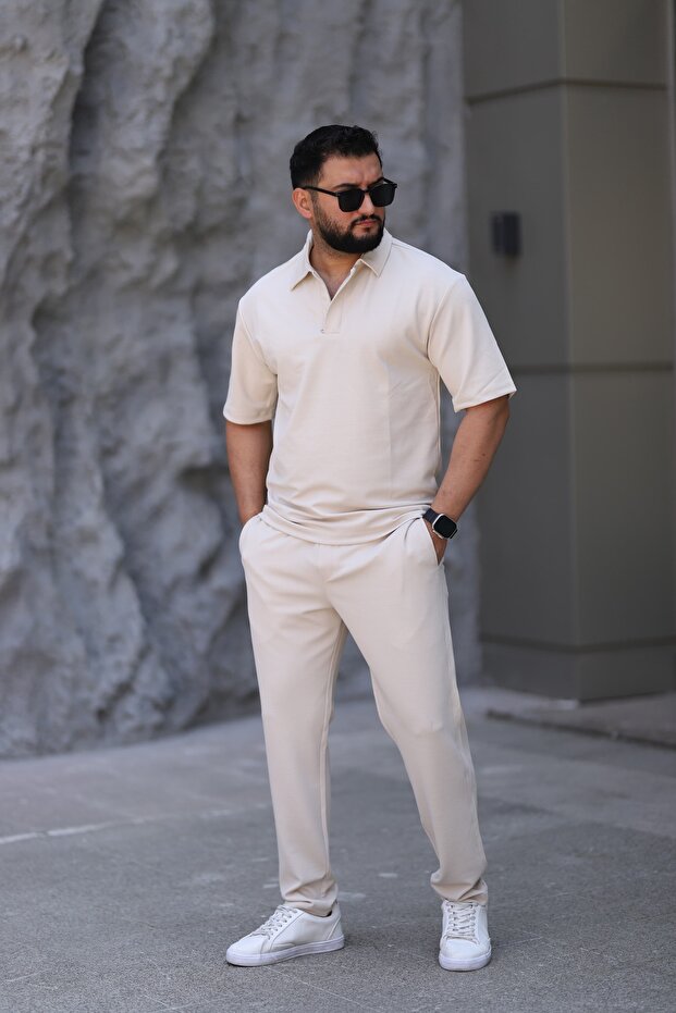 Men's Polo Neck T-Shirt, Relaxed Fit, Snap Detail, Bottom Top Suit