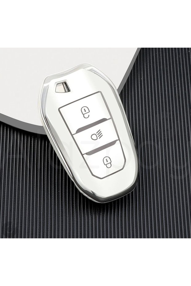 Peugeot Compatible 2008, 3008, 4008, 5008, 208, 308, 408, 508, Rifter Silver Edge Tpu Key Case Cover (White)