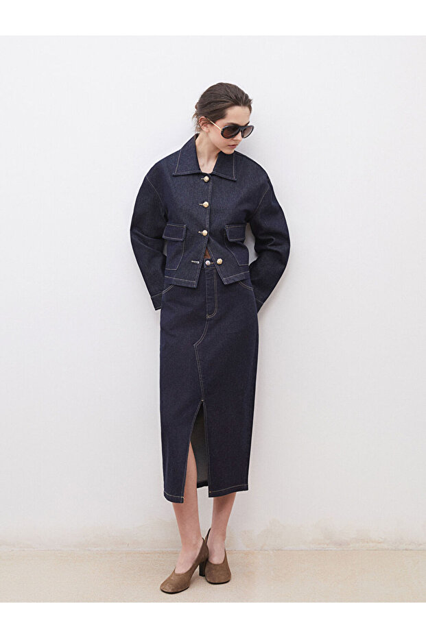 Esvab • Modern & Distinctive Relaxed Fit Slit Jean Skirt