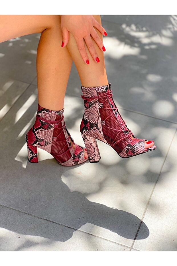 Happy Burgundy Snakeskin Mesh Detailed Drawstring Summer Heeled Boots Bottie