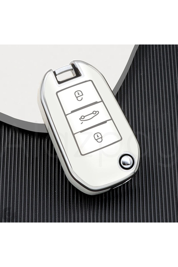 Peugeot Compatible 208, 301, 307, 308, 508, 2008, 3008, Partner Silver Edge Tpu Key Case Cover (White)