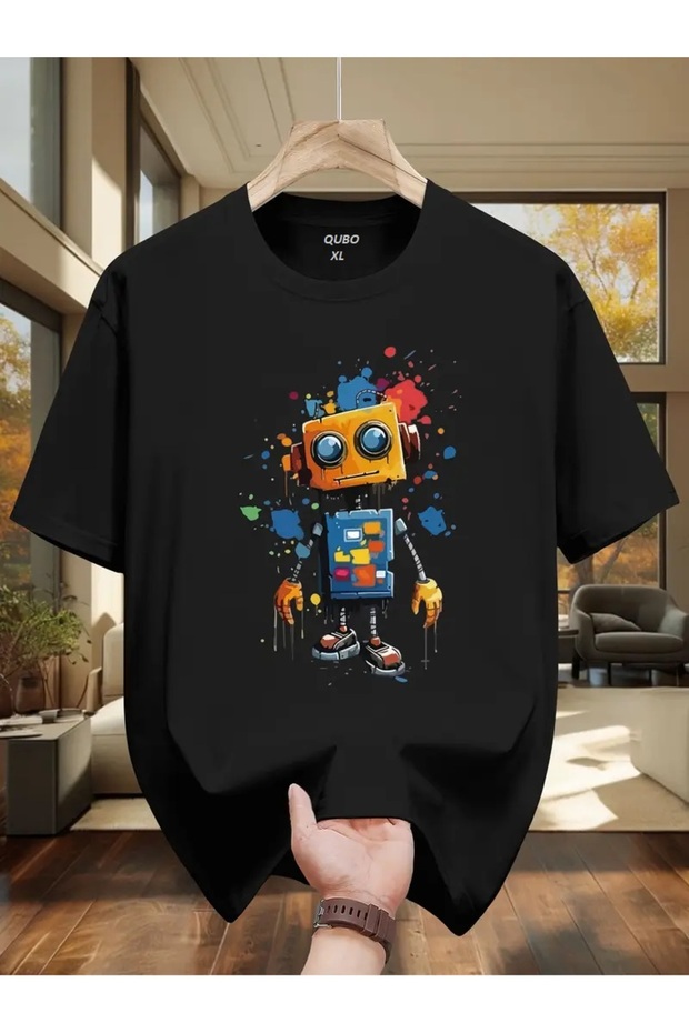 qubo Unisex Oversized Printed Cotton Crew Neck Short Sleeve BLACK T-shirt
