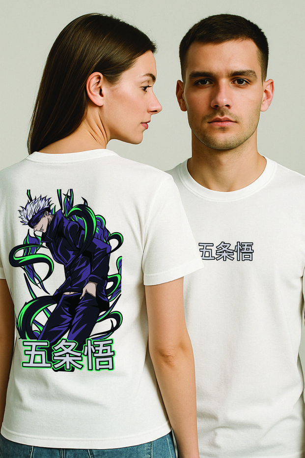 Lenithra Jujutsu Kaisen Gojo Anime Back Printed Unisex Oversize White T-Shirt