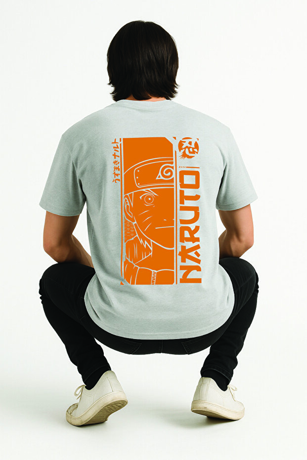 Lenithra Naruto Anime Back Printed Unisex Oversize Gray T-Shirt