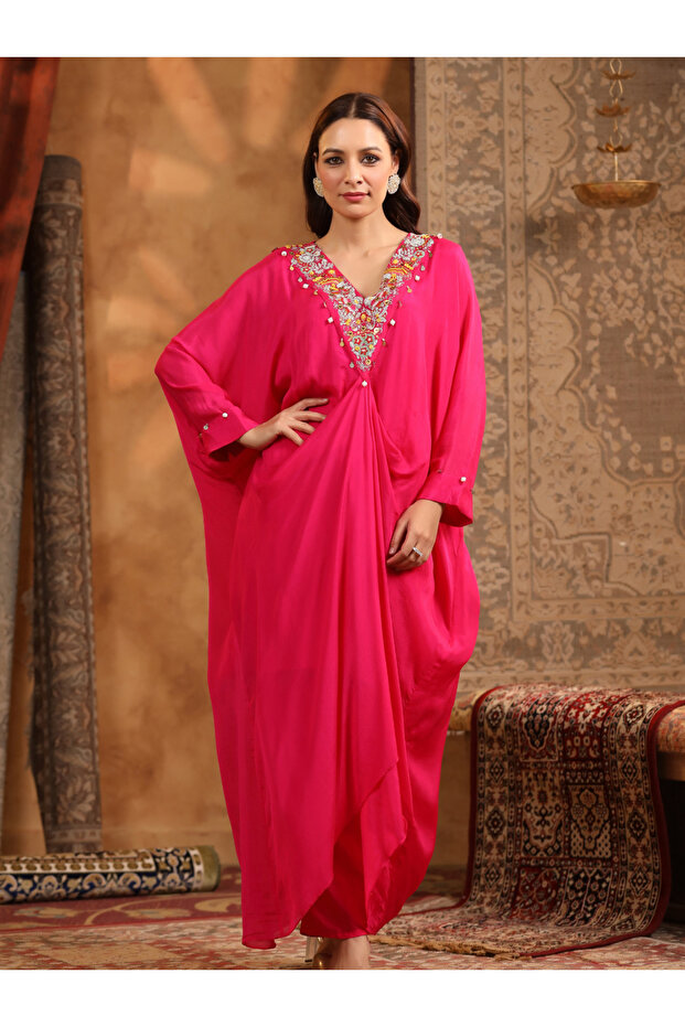 Elegant Magenta Embroidered Draped Kaftan Set