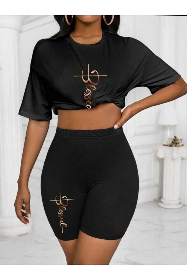 Design Printed Women's Short Tights Oversize Casual Boyfriend T-shirt Set
