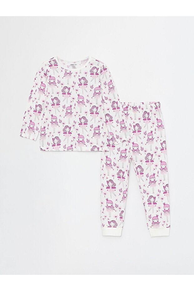 Crew Neck Patterned Long Sleeve Baby Girl Pajama Set