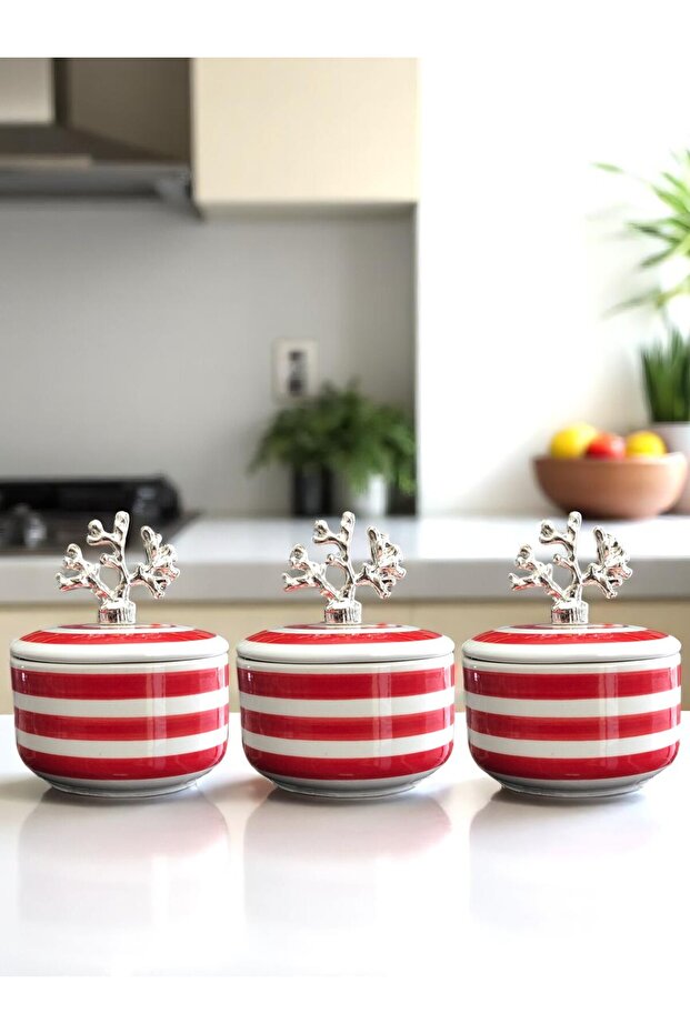 Kitchen Accessory 3-Piece Breakfast Spice Rack Storage Container Sugar Bowl Red Zebra Silver Coral