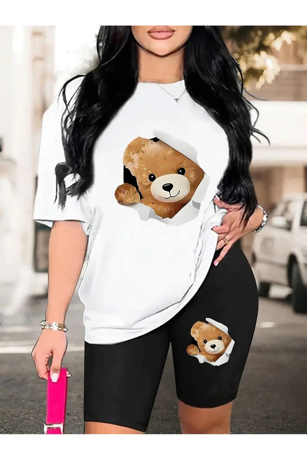 Women's Window Cute Bear Printed T-Shirt, Scuba Diver Short Leggings Set (Leggings T-Shirt Set)