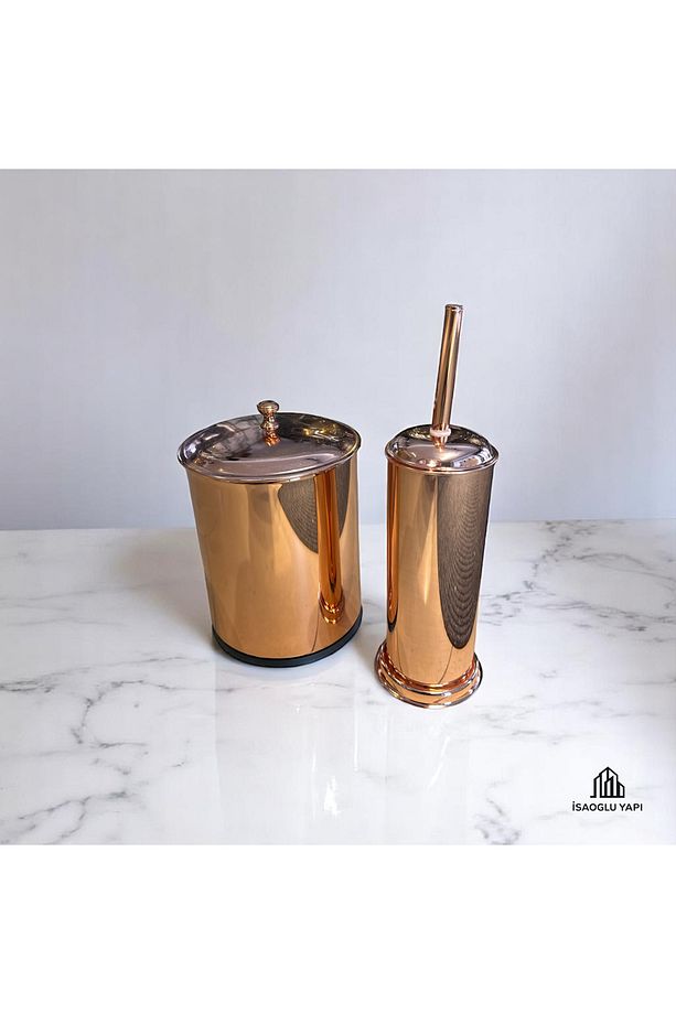 Bakır Çöp Kovası Bakır Fırça Bakır Sıvı Sabunluk Metal Premium Set Bronz Bakır - 4