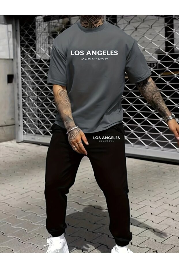 Men's Los Angeles Downtown Printed T-Shirt & Sweatpants Bottom Top Set Combination