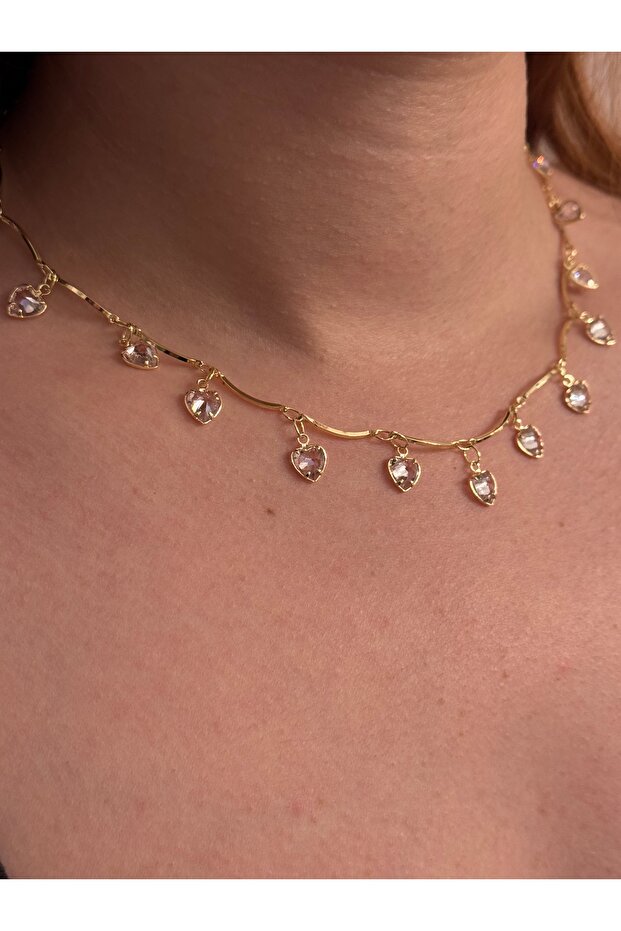 Zircon Stone Hanging Heart Necklace Gold