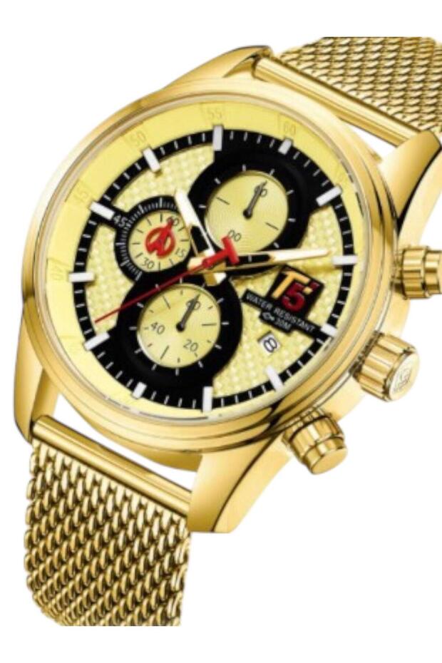 T5 Gold Color Men's Wrist Watch – Stylish Design with Calendar, Chronograph Appearance, Mesh Band - 3