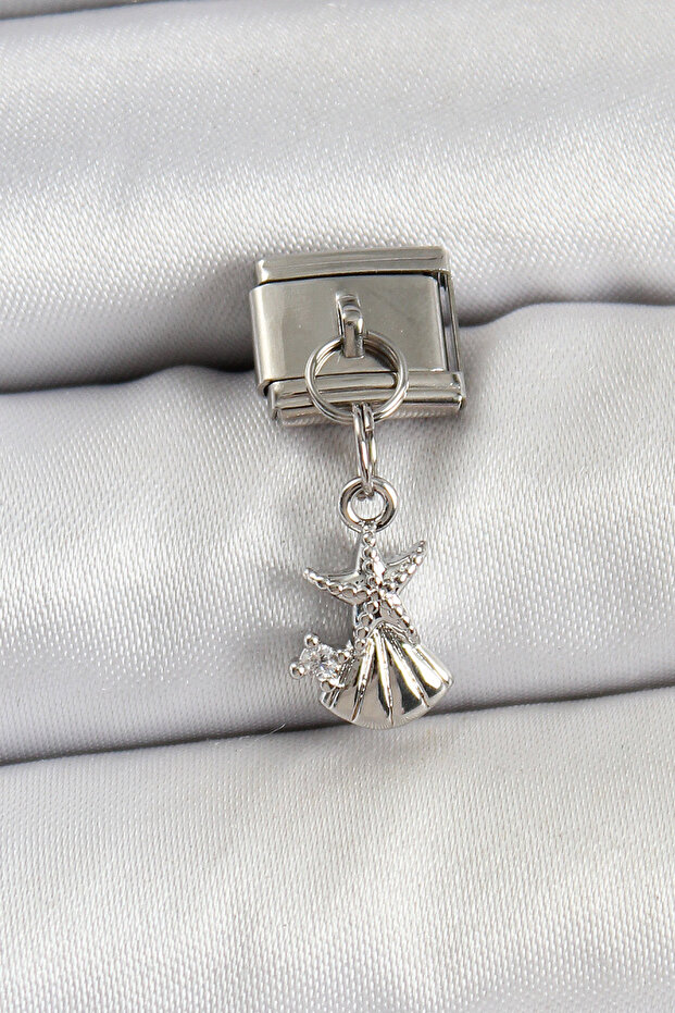 316L Steel Dangle Zircon Stone Starfish and Oyster Model Silver Color Nomination Charm