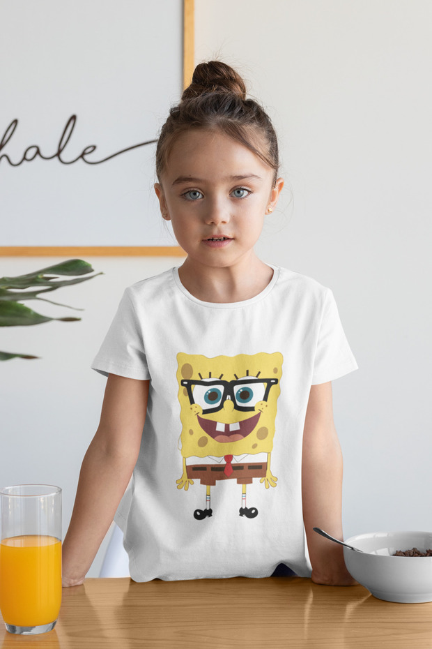 Spongebob with Glasses Printed Unisex Cartoon Children's T-Shirt