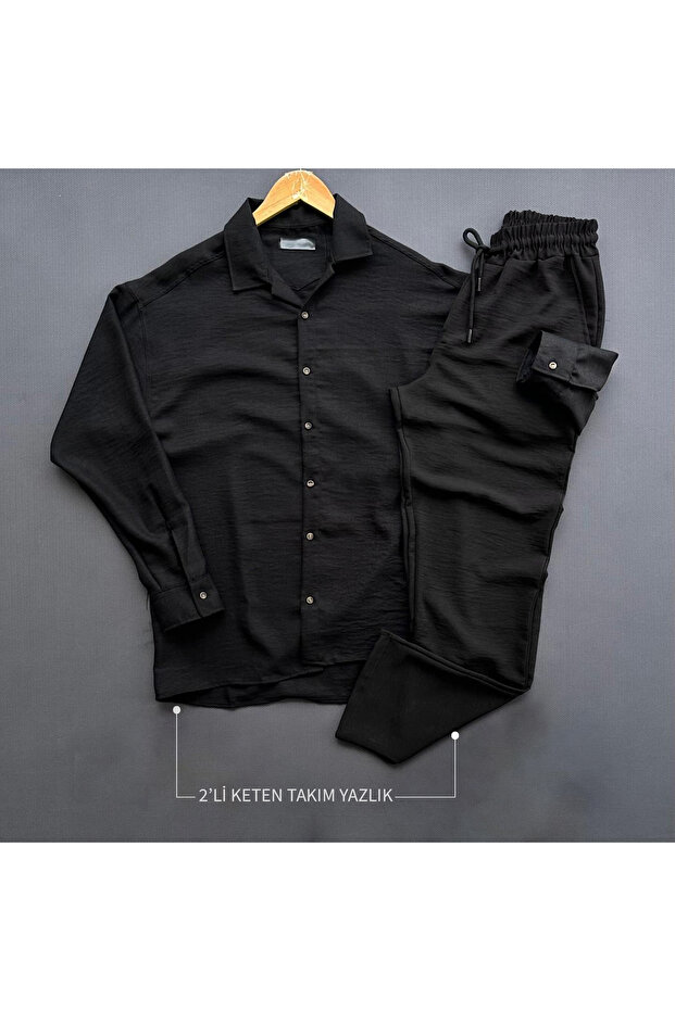 2'li Alt Üst Keten Gold Takım Yazlık Gömlek ve Pantolon - 1