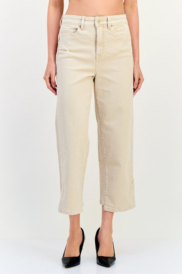 Women Cropped Straight Fit Washed Stretchable Jeans, Beige