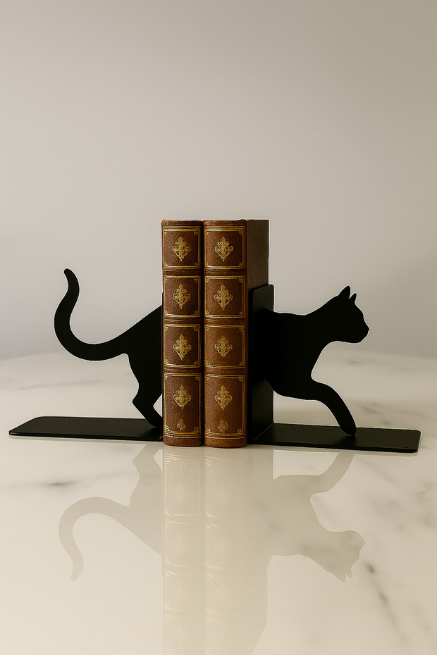 Cat Figured Metal Book Holder Set of 2 – Decorative Animal Themed Bookshelf Accessory