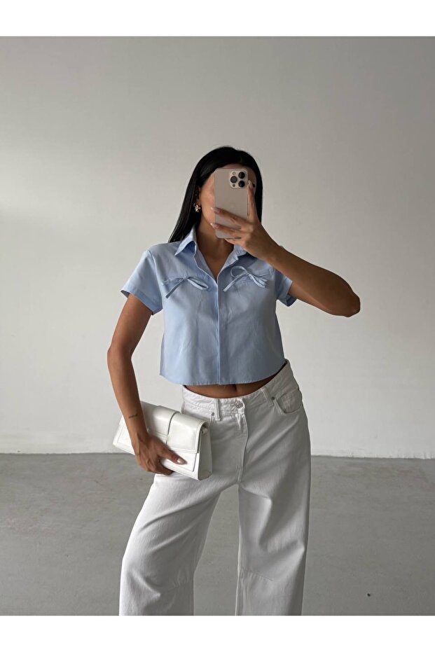 Kurdele detaylı crop gömlek - 1