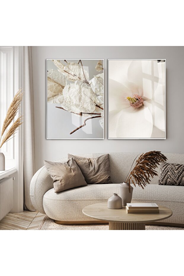 Amazing | Cream Flower Dry Leaf Combination (Dried Leaves) | Framed Glass Table 2 Pieces Vertical