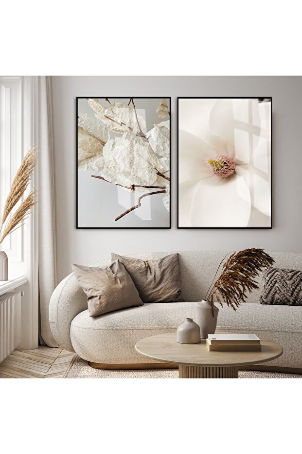 Amazing | Cream Flower Dry Leaf Combination (Dried Leaves) | Framed Glass Table 2 Pieces Vertical