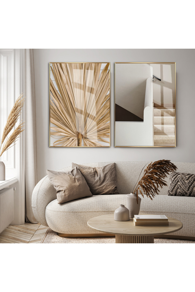 Amazing | Cream Stairs and Dry Palm Combination | Framed Glass Table 2 Pieces Vertical