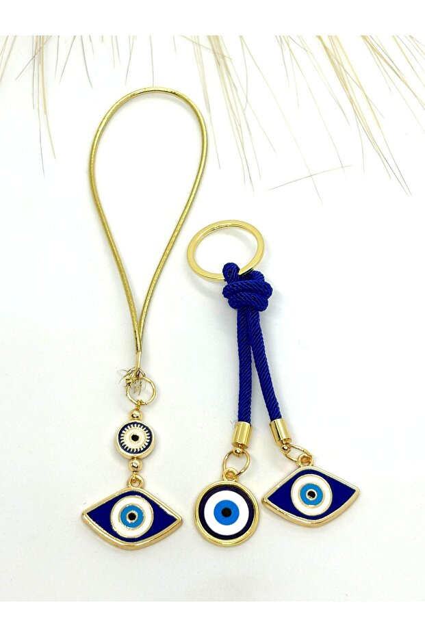 Navy Blue Eye Shaped Car Mirror Ornament, Car Charm and Navy Blue Eye Shaped Metal Keychain Set