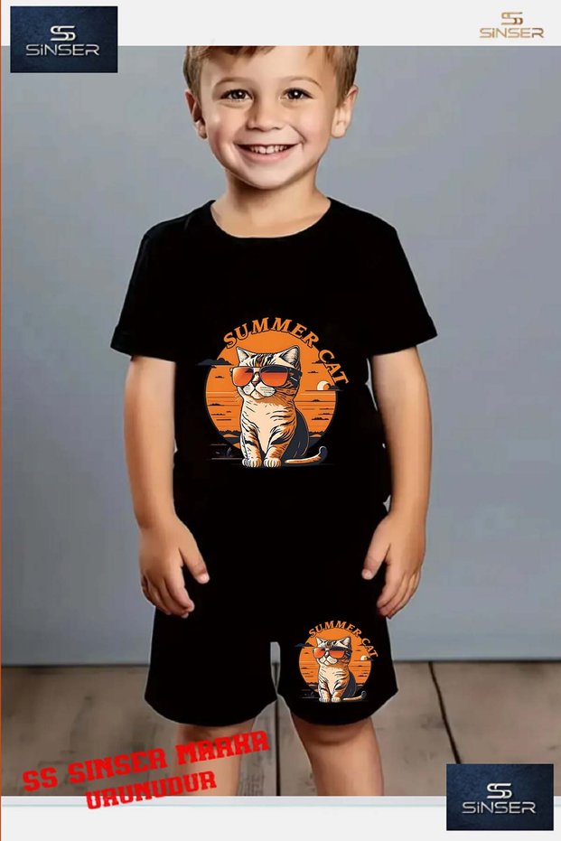 Children's "Summer with Cat Glasses" Special Printed Crew Neck T-Shirt - Shorts Set