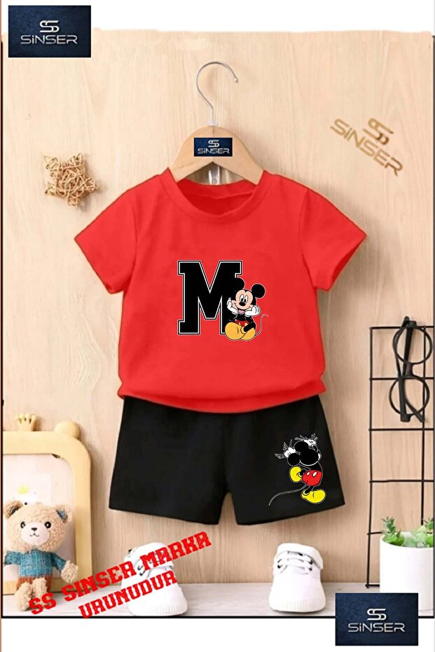 Children's "MICKEY M SITTING NEXT TO HIM" Special Printed Crew Neck T-Shirt - Shorts Set