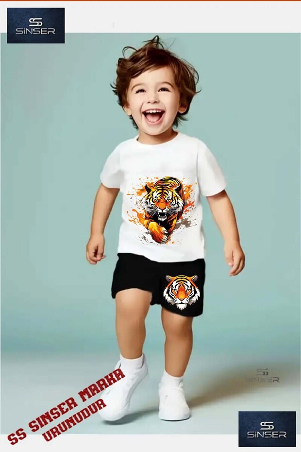 Children's "Tiger on Pence" Special Printed Crew Neck T-Shirt - Shorts Set