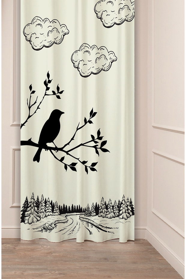 Bird Forest Tree Bohemian Beige Cream Patterned Special Design Digital Printed (Single Wing) Modern Stylish Background Curtain
