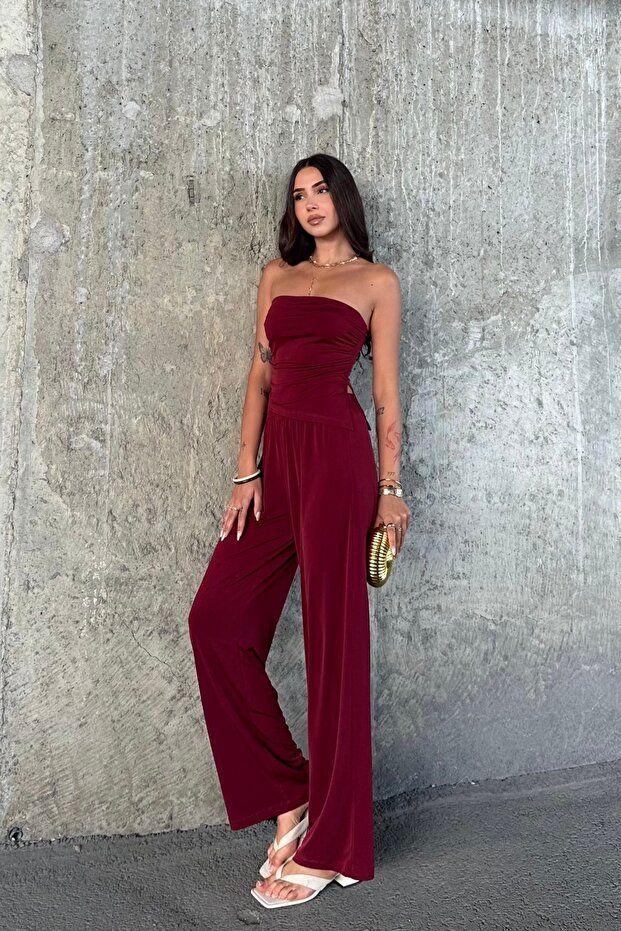 Women's Burgundy Asymmetrical Cut Slit Detailed Gathered Strapless Neckline Top and Bottom Set