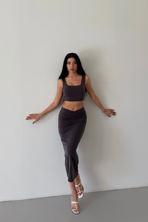 Women's Gray Skirt with Front Gathered Detail, Lined, Midi Length, Thick Straps, Crop Blouse, Bottom and Top Set