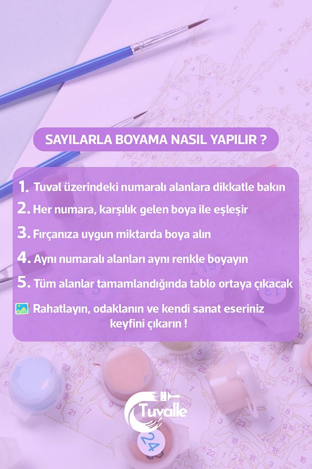Mor Mini Sahilde Sayılarla Boyama Seti, Hobi Seti, 40X50 Tablo, Fırça Boya, Numaralı Tuval - 5