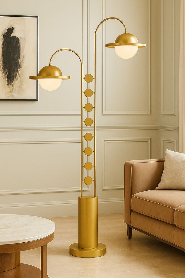 Solaris Duo Çift Başlıklı Mat Gold Modern Metal Gövdeli Lüks Salon Lambader - 2