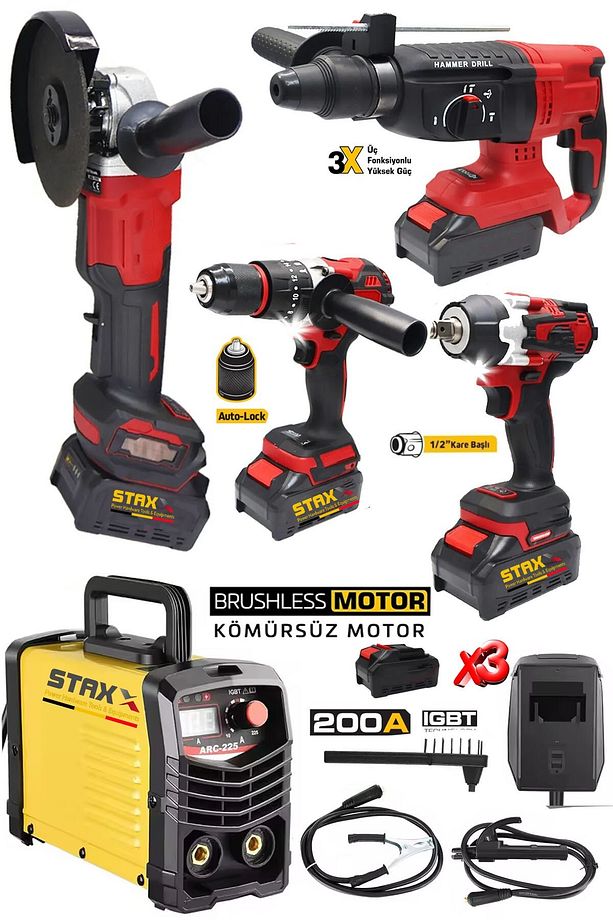 Süper Seri 5'li 200A Kaynak Makinesi + 3Akülü Şarjlı Somun Sıkma Taşlama Kırıcı Delici Matkap Seti - 2