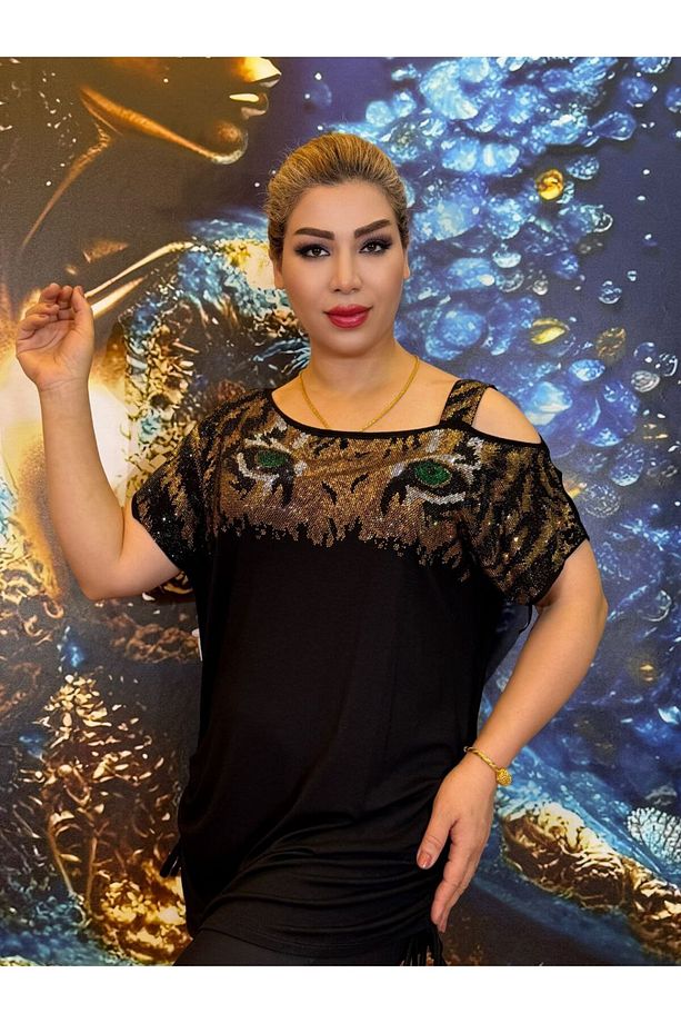 Taşli bluz,Leopar desenli,Pamuk ipliği,Açık omuz,Tek askılı omuz askısı,Abiye,Taşli işlemeli,siyah - 1