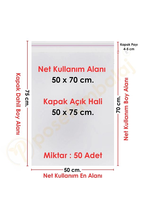 50x70+5 cm.(50x75) 50 Adet Şeffaf Bantlı Yapışkanlı Jelatin Poşet - 1