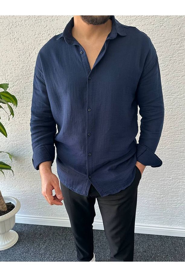 Erkek Oversize Müslin Kumaş %100 Pamuk Uzun Kol Gömlek - 1