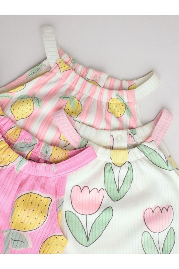 % 100 Pamuklu Soft Pembe limon Baskılı 3'lü Romper Set - 4