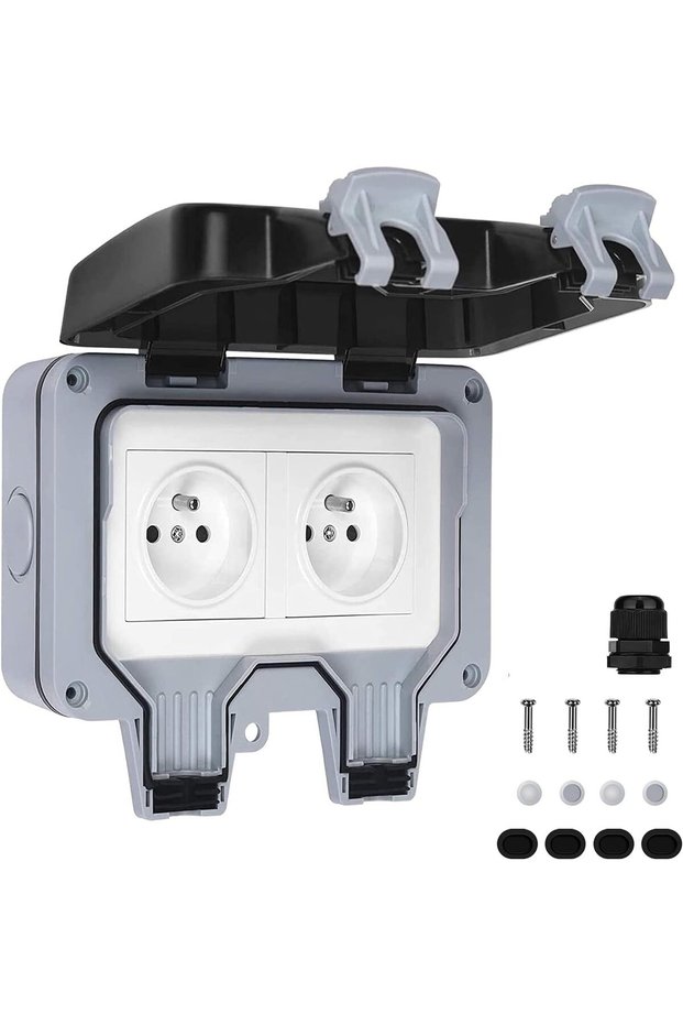 Double electrical socket, PC, IP66, Grey